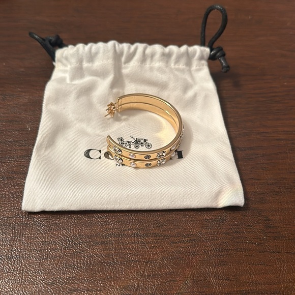 NWT Coach signature large hoop earrings w/ faux pearls + faux crystals - Picture 2 of 9